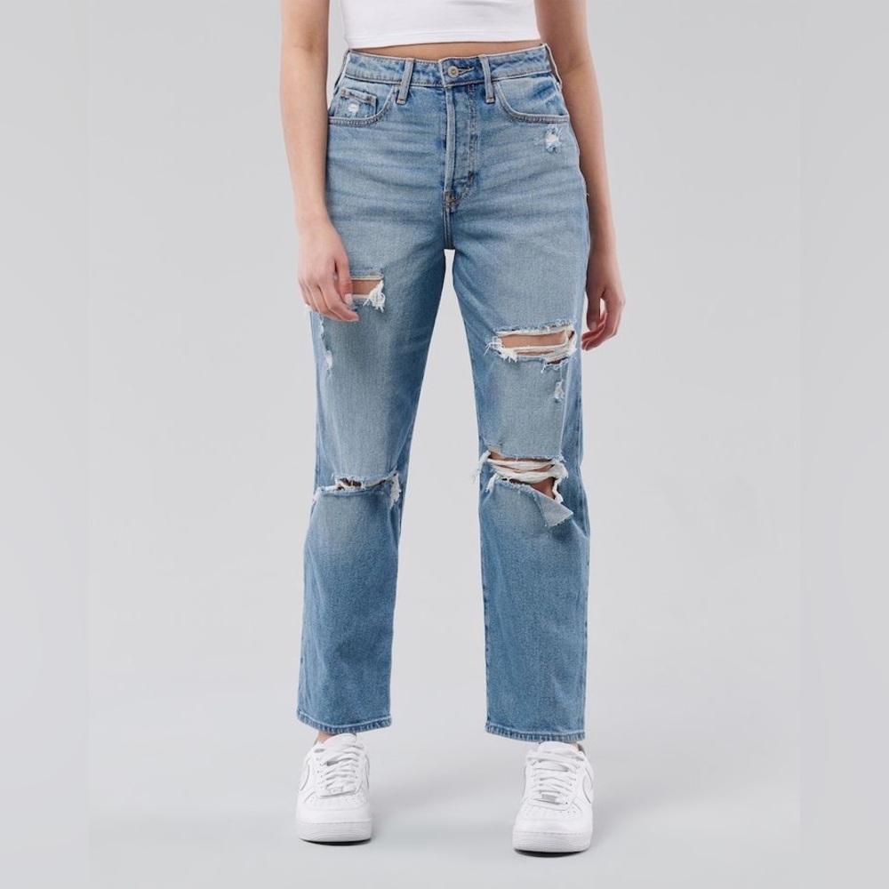 Hollister Ultra High Rise Vintage Straight Denim Mom Jeans Classic Distressed